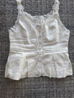 Reformation Josefina Women's White Lace-Trim Linen Cami Top